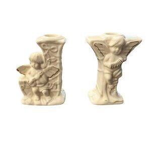 SALE!! 2‎ for $15 Vintage Ceramic Angel Holiday Taper Candle Holders Gold Edged
